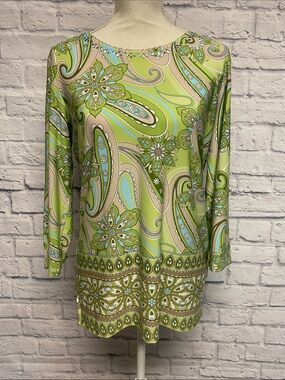 Allison Daley Green Paisley Rhinestone Neckline Tunic Top Size Small